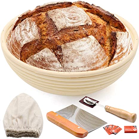 10" Round Bread Banneton Proofing Basket for Sourdough, Includes Linen Liner, Metal Dough Scraper, Scoring Lame & Case, Extra Blades, Rising Dough Baking Bowl Gifts for Artisan Bread Making Starter
