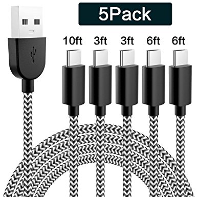 WSCSR [5 Pack] USB Type-C Cable High Speed nylon Braided Long Cord FOR Samsung Galaxy S8,S8 Plus,Nintendo Switch,Nexus 6p,Macbook And More (black and white)