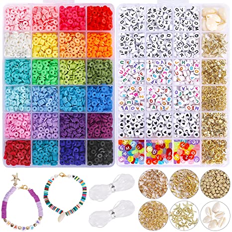 Quefe 3600pcs Clay Heishi Beads with 520pcs Letter Beads, Polymer Flat Round Disc Beads Kit with Elastic String Pendant and Jump Rings, for DIY Jewelry Marking Bracelets Necklace, 24 Colors 6mm