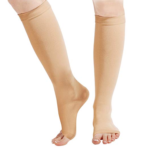 Kemford Open Toe Compression Socks - 1-Pair, 23-32 mmHg Calf Sleeve - Toeless Knee High Stockings for Men and Women - Nude, Small