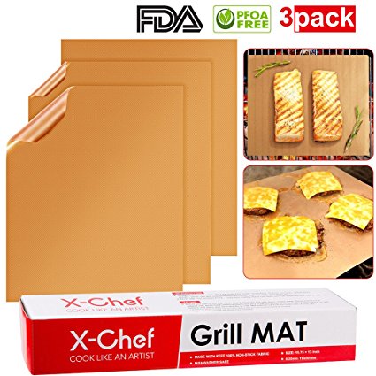 Copper Grill Mat, X-Chef Set of 3 Non-Stick BBQ Grilling & Baking Mats, Heat Resistant & Reusable for Charcoal, Electric and Gas Grills, FDA Approved