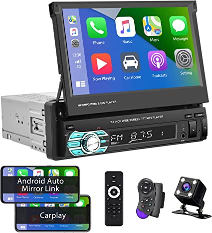 Hikity Car Stereo Bluetooth Single Din with CarPlay Android Auto 7 Inch Flip Out Touch Screen Car Radio FM Receiver, Mirror Link, TF AUX USB Input, Wireless Remote Control   Backup Camera