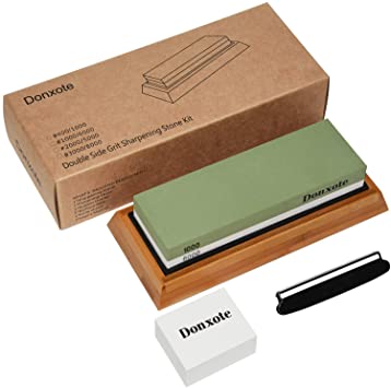 Donxote Sharpening Stone, 1000/6000 Double Side Grit Waterstone, Chef Knife Sharpener, with Nonslip Bamboo Base & Angle Guide and Flattening Stone