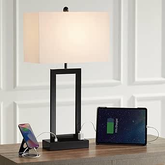 360 Lighting Todd Modern Table Lamp with USB Port AC Power Outlet 30" Tall Black Metal White Fabric Rectangle Shade for Living Room Bedroom House Bedside Nightstand Home Office Entryway