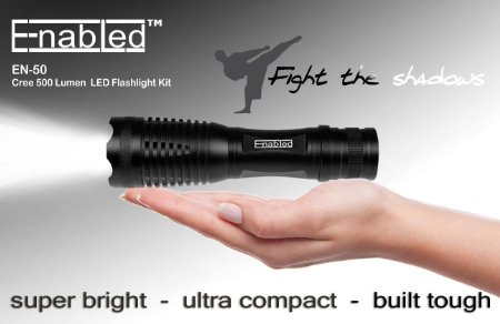 Enabled EN50 Cree 500 Lumen Super Bright LED Tactical Torch Flashlight Bundle with Rechargeable 18650 Battery, AC Charger   Charger Base - 5 Modes - Zoomable, Black