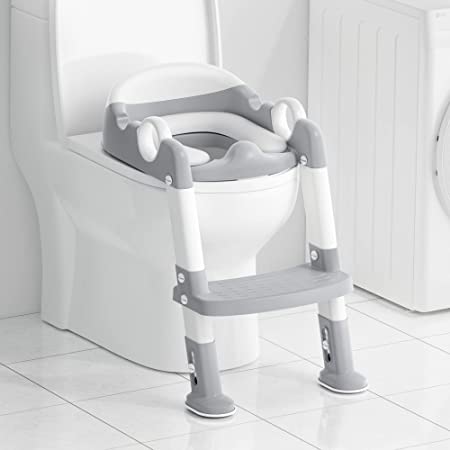 Potty Training Seat with Step Stool Ladder, Toddlers Potty Training Toilet for Kids Boys Girls (Gray White)