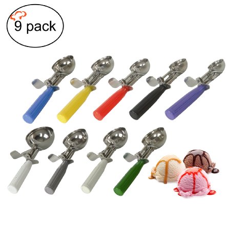 Tiger Chef Stainless Steel Scoop - Ice Cream Scoop Disher - NSF Certified - All-purpose scoop for ice cream frozen yogurt cookie dough meat balls rice dishes and vegetable pures 9 Set of 9 Color Coded Dishers