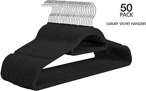 Luxury Premium Velvet Hangers 50 Pack - Heavy Duty Black Felt Hangers for Suits, Coats, Pants & Dress Clothing - Non Slip Clothes Hanger Set - Space Saving Velvet Hangers for Clothing