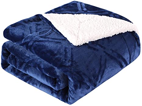 HT&PJ Sherpa Fleece Throw Blanket Reversible Super Soft Plush Microfiber Flannel Blanket with Diamond Pattern Cozy Bed Couch Blanket (Navy, Throw(50" x 60"))