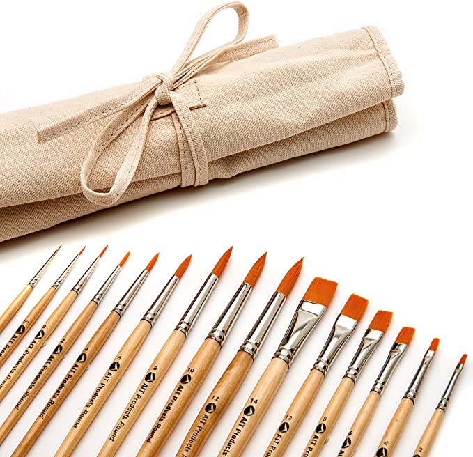 AIT Art Paint Brush Set - 15 Paint Brushes - Rounds, Flats - Handmade in USA for Trusted Performance with Oil, Acrylic, and Watercolor - Includes Canvas Brush Holder