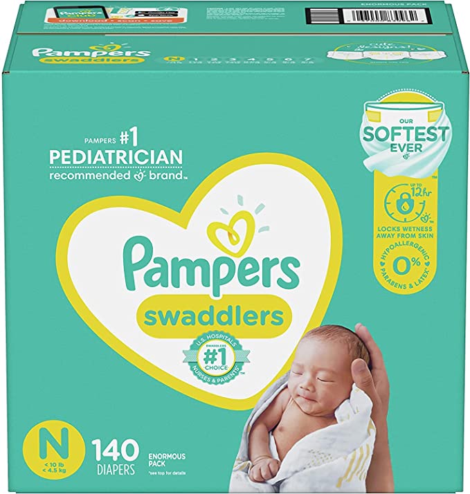 Pampers Swaddlers Disposable Baby Diapers, Newborn/Size (&lt; 10 lb), 140 Count, Enormous Pack, Packaging May Vary