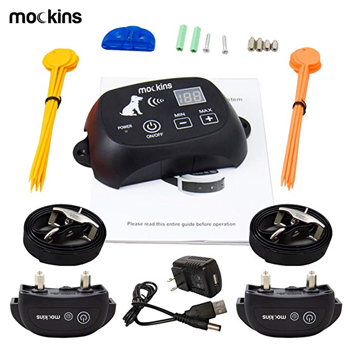mockins 2 Collar Wireless Electric Pet Fence The Wireless Dog Fence System is Safe For Pets and Includes a Waterproof Receiver Collar a Rechargable Battery And Has a Control Range of Up to 1600 Feet …