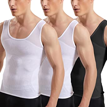 Odoland Mens 3 Pack Body Shaper Slimming Tummy Vest Compression Shirts Tank Top Base Layer Slim Shapewear Undershirts