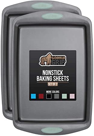 Gorilla Grip Original Non Stick Baking Cookie Sheets, Set of 2 Bakeware Trays, Silicone Handles, Multi Purpose Professional 2-Piece Pan for Bakers and Cooks, 17.3 Inch x 11.75 Inch, Mint