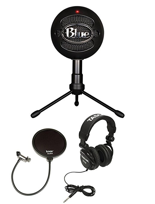 Blue Microphones Snowball Ice Condenser Microphone (Black) with Knox Pop Filter & Studio Headphones