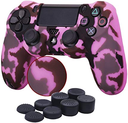 YoRHa Water Transfer Printing Camouflage Silicone Cover Skin Case for Sony PS4/slim/Pro Dualshock 4 controller x 1(pink) With Pro thumb grips x 8