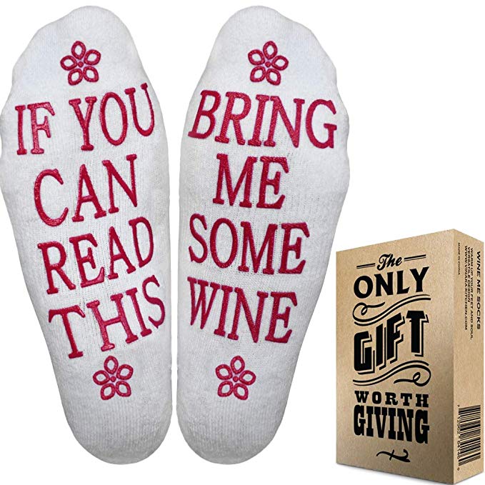 Wine Socks with Gift Packaging: If You Can Read This Socks Bring Me Some Wine Phrase - Funny Accessory for Her, Present for Wife, Gifts for Women Under 10 Dollars, Great Birthday gift for her