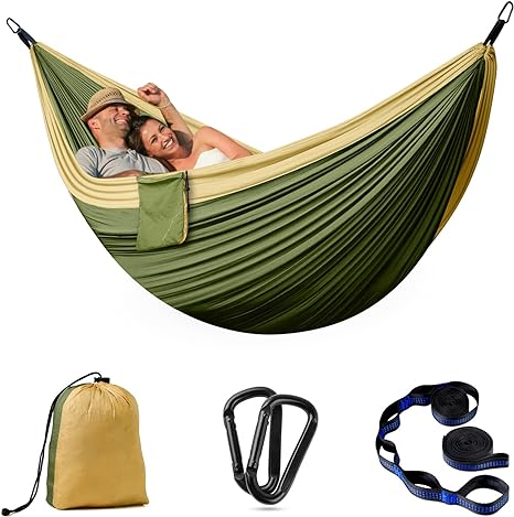 Camping Hammock - Single&Double Lightweigtht Nylon Hammocks with Tree Straps, 2 Person Portable Hammock Swing for Outdoors, Backpacking, Hiking, Travel, Garden, Breathable & Quick Drying Parachute
