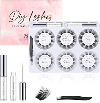 Ideashop DIY Eyelash Extension Kit 72 Clusters 6 Styles 3D Segmented Individual Natural False Eyelashes Set with Tweezer and Eyeliner Glue, Reusable Fluffy Wispy Lashes Set for Home Eyelash Extensions