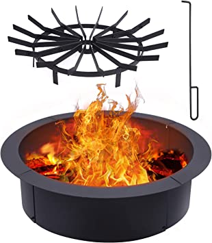 Fire Pit Ring with Grate Rack, Ohuhu Heavy Duty Steel Fire Ring for Outside Firepit Insert with Porker for Grilling Camping In-Ground Campfire Pit, Liner Rim 30" Inner/36 Outer for Backyard Patio