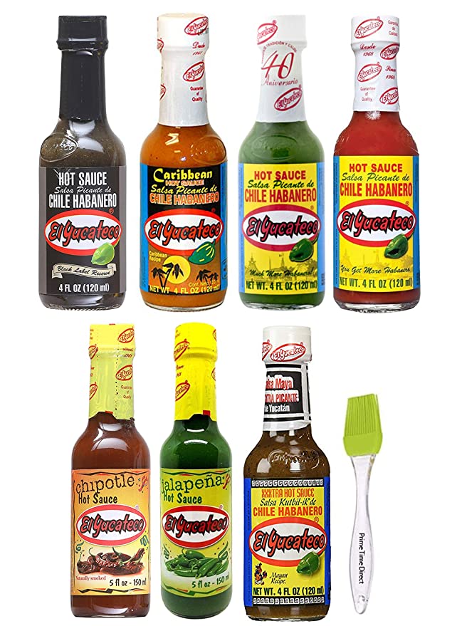 El Yucateco Variety: Black Label, Red, Green, XXXtra Hot, Caribbean 4oz, Jalapena, Chipotle 5oz (7 Pack, 1 Each) with PrimeTime Direct Silicone Brush in PTD Sealed Bag