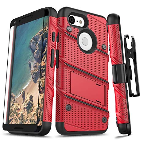 Zizo Bolt Series Compatible with Google Pixel 3 Case Military Grade Drop Tested with Full Glass Screen Protector Holster and Kickstand Red Black