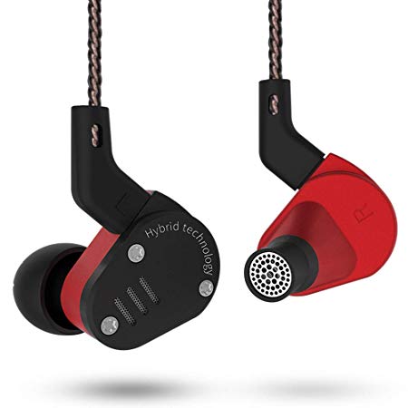 KZ ZSA Earphones, OLLIVAN KZ ZSA in-Ear Headphones Metal in Earphone Armature and Dynamic Hybrid in Ear Monitors Sport Headset Earbuds HiFi Bass Noise Cancelling Headphones (Black Red No Mic)