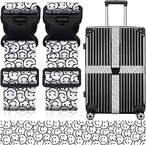 Luggage Straps for Suitcases, Travel Adjustable Belt with Quick Release Buckle, Heavy Duty Nylon Bag Packing Strap, Unique Bright Identifiers Business Travel Accessories (2 Pack)-White Smiles