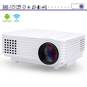 LED Wi-Fi Projector, iRULU 80 Pro Portable Smart Android 4.4 Wireless HD 1080p USB HDMI AV VGA Projector 4GB Storage 800 Lumens For Back Yard Movie Game Party - White