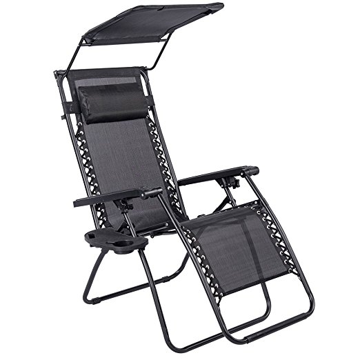 Sundale Outdoor Folding Zero Gravity Reclining Lounge Chair with Canopy, Neck Pillow and Side Tray, Black