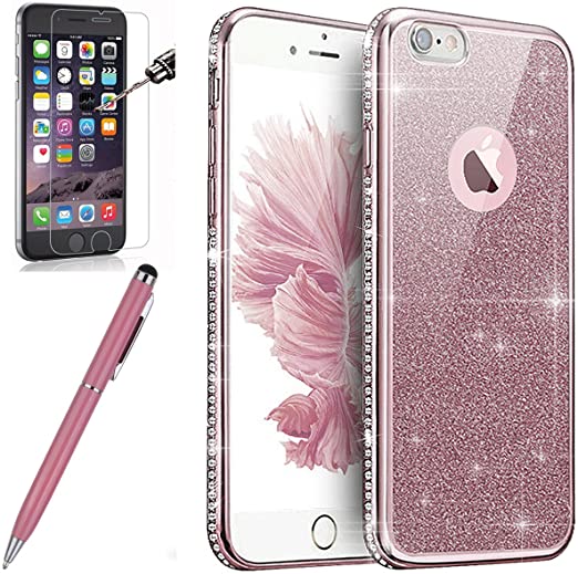 iPhone 6S Case,iPhone 6 Case,ikasus Crystal Clear Rhinestone with Sparkle Glitter Silicone Soft TPU Bumper Rubber Protective Diamond Case Cover with Tempered Glass Screen Protector Stylus,Rose Gold