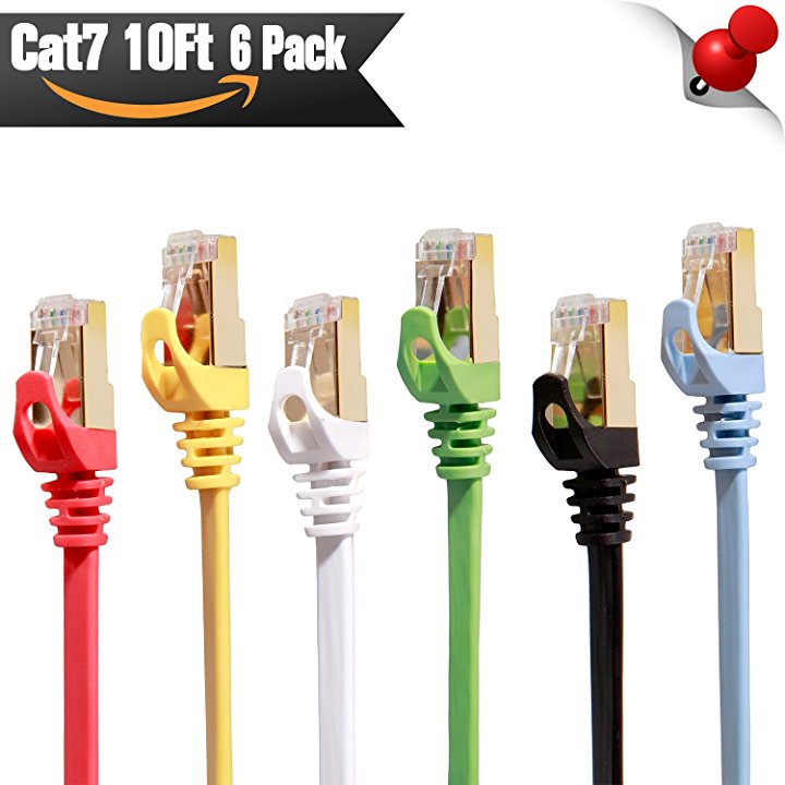 Cat 7 Ethernet Patch Cable 10ft 6 Pack ( Highest Speed Cable ) Cat7 Flat Shielded Ineternet Network Cables for Modem, Router, LAN, Computer