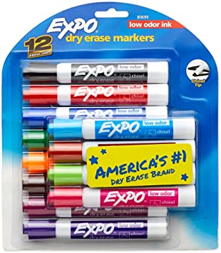 Expo Low Odor Chisel Tip Dry Erase Markers, 12 Colored Markers (80699)