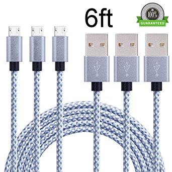 ONSON Micro USB Cable,3Pack 6FT Long Nylon Braided High Speed Android Charger USB to Micro USB Cable Samsung Fast Charger Charging Cord for Samsung Galaxy S7 Edge/S6/S4/Note 5/Note 4(Gray White)