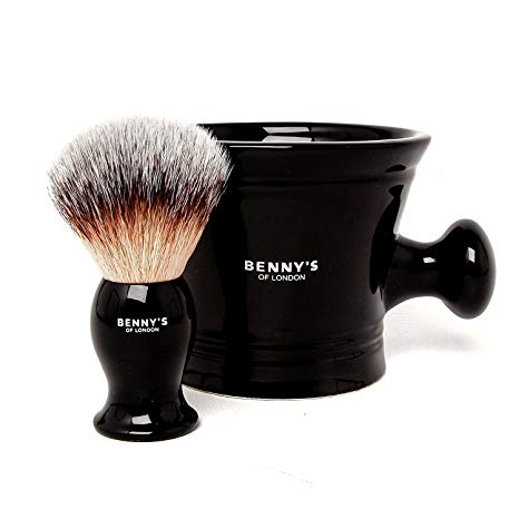 SHAVING BRUSH & BOWL GIFT SET – From Benny’s of London - Men's GIFT idea - Our Best Selling Shaving Brush with the Ceramic Black Mug for Lathering Shave Soap and Cream – Perfect Present and Gift Set for Men