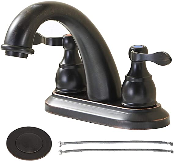 Comllen Commercial Oil Rubbed Bronze Double Handle Basin Vanity Bathroom Faucet,Stainless Steel Lavatory Faucet with Pop Up Drain and Hot & Cold Water Hose