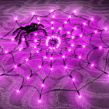Makion Halloween Decorations Spider Web Lights, 70 LED 8 Modes Battery Operated Waterproof Net Lights with Black Spider, Halloween Indoor Outdoor Décor for Home Yard Garden Window (Purple)