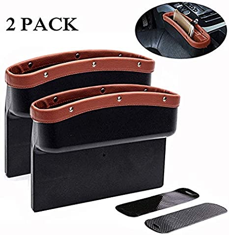 Car Seat Pockets PU Leather Car Console Side Organizer Seat Crevice Slit Pockets for Cellphone Wallet Coin Key with Non-Slip Mat Works on Every Car (2 Pack) (Brown)