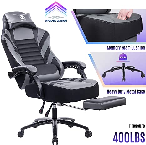KILLABEE Big & Tall 400lb Gaming Chair - Retractable Footrest Metal Base Reclining Racing Executive Computer Desk Office Chair Adjustable Back Angle and Ergonomic High Back