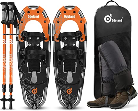 Odoland 4-in-1 Lightweight Snow Shoes Set for Men Women Youth Kids, Easy to Use Snowshoes with Trekking Poles, Waterproof Snow Leg Gaiters and Carrying Tote Bag, Size 21''/25''/30''