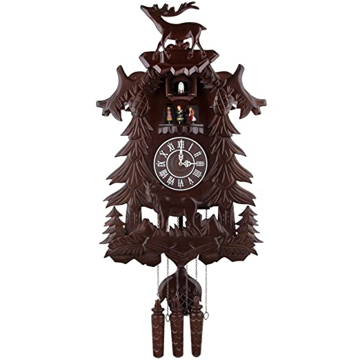 Kendal Vivid Large Deer Handcrafted Wood Cuckoo Clock with 4 Dancers Dancing with Music (Brown)