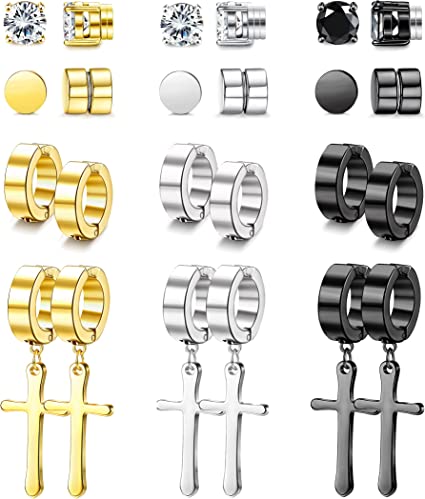 FIBO STEEL 12 Pairs Magnetic Non-Piercing Stud Earrings for Men Women Stainless Steel Mens Clip on Earrings Fake Gauge Cross Dangle Huggie Hoop Earring Set