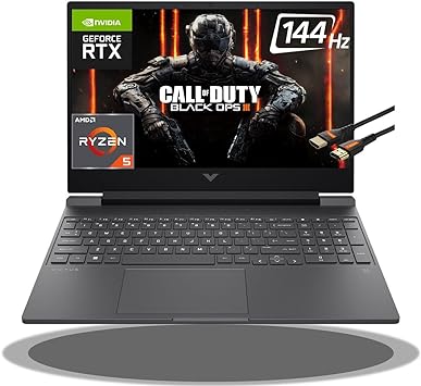 HP Victus 15 Gaming Laptop 15.6" FHD IPS 144Hz AMD 7000 Ryzen 5 7535HS (Beats i7-11800H) GeForce RTX 2050 4GB Graphic Backlit USB-C B&O Win11 Black   HDMI Cable (8GB RAM | 512GB PCIe SSD)