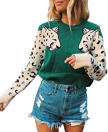 Angashion Women's Sweaters Casual Leopard Printed Patchwork Long Sleeves Knitted Pullover Cropped Sweater Tops