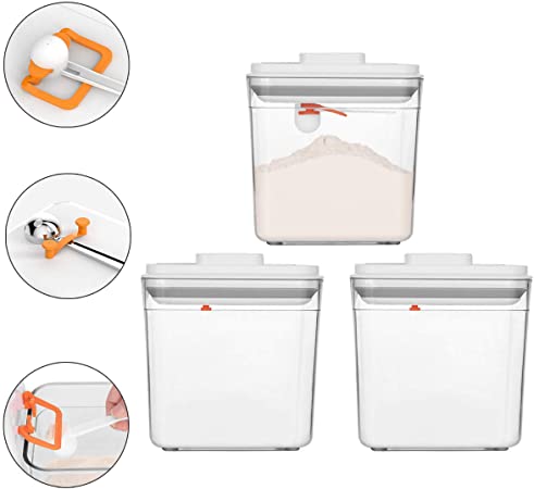 Vencer 3 Piece 58 oz (1700ML) Pop Up Air Tight Food Storage Containers with Airtight Lids and Free Scoop,Food Leveling Device,Pantry Space Saving Canisters