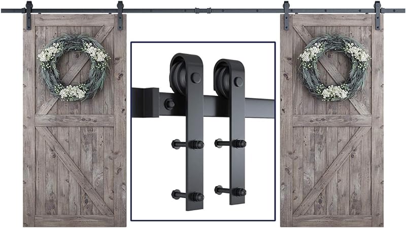 SMARTSTANDARD 16ft Heavy Duty Double Gate Sliding Barn Door Hardware Kit-Includes Detailed Instruction-Fit 48" Wide DoorPanel (J Shape Hanger)