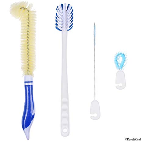 Multipurpose Cleaning Brush Kit - Set of 4 Brushes for Cleaning Drinking Bottles/Cups, Caps, Straws, Nipples, Wine Decanters/Glasses, Coffee/Tea Pots, Water Reservoirs, etc. - Safe Food Grade
