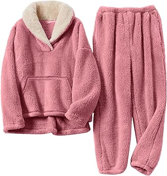 COZYPOIN Women' s Fluffy Fleece Pajamas Set Winter 2 Piece Plush Pullover and Pants Loungewear Sleepwear with Pockets