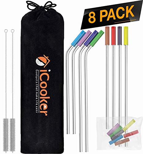 iCooker 8 Pack Reusable Stainless Steel Straws with Colorful Silicon Tips & Carry Bag Ultra Long 10.5 Inch Drinking Metal Straw