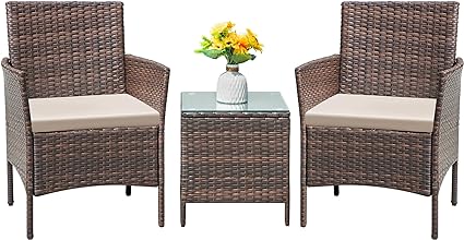 Flamaker Patio Furniture Set 3 Pieces All-Weather Rattan Outdoor Furniture Patio Chairs with Tempered Glass Table for Porch Bistro Balcony (Brown/Cream)